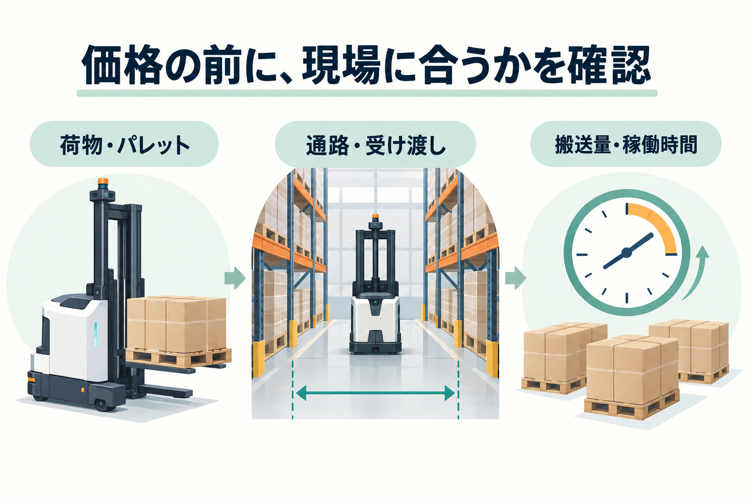 無人フォークリフトの選定では荷物・パレット、通路・受け渡し、搬送量・稼働時間を確認