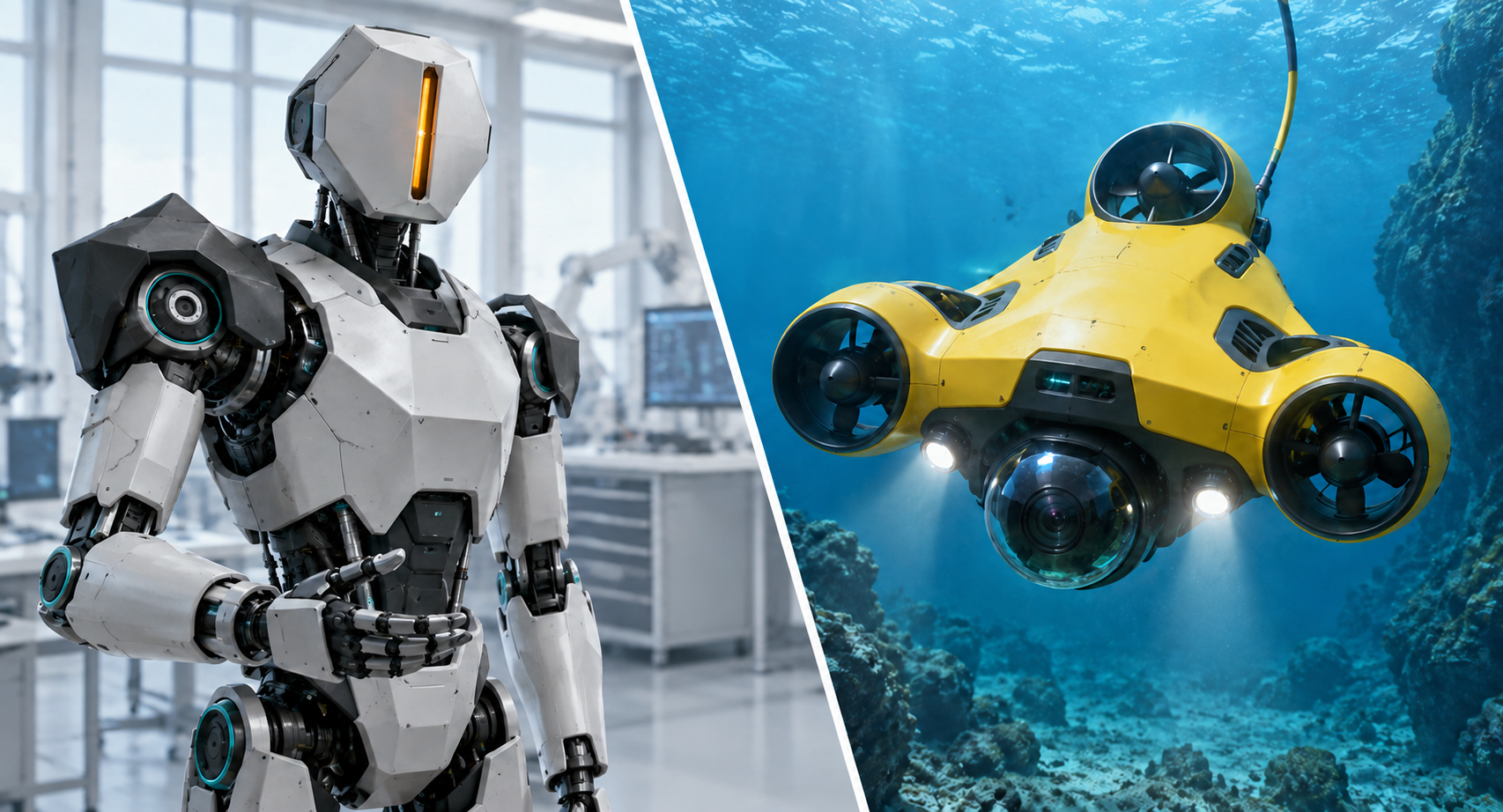 架空のヒューマノイドロボットと水中ロボットのイメージ